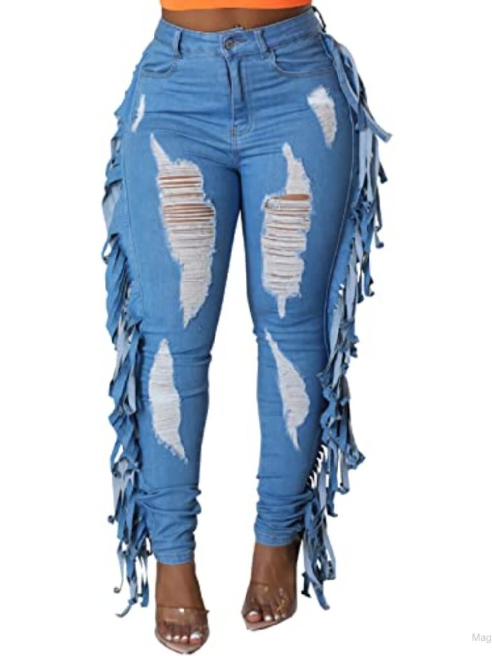 Women's High Rise Skinny Jeans Frayed Hem Tassels Stretchy Denim